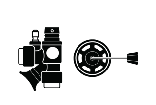 Menu icon of a HYDPRO inflator power unit with buoyancy flange, black pictogram