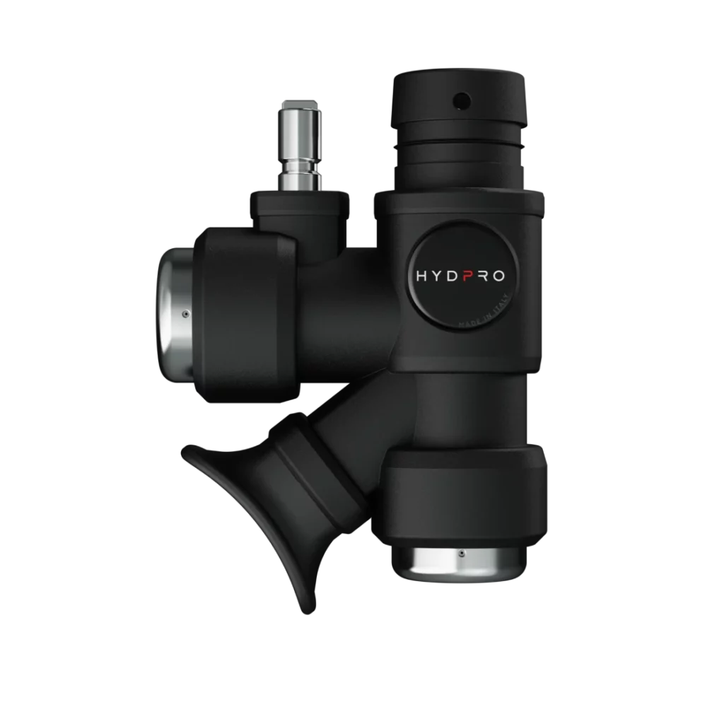 HYDPRO Power Q01 Code Metal inflator side view with chrome buttons and LP quick-disconnect fitting