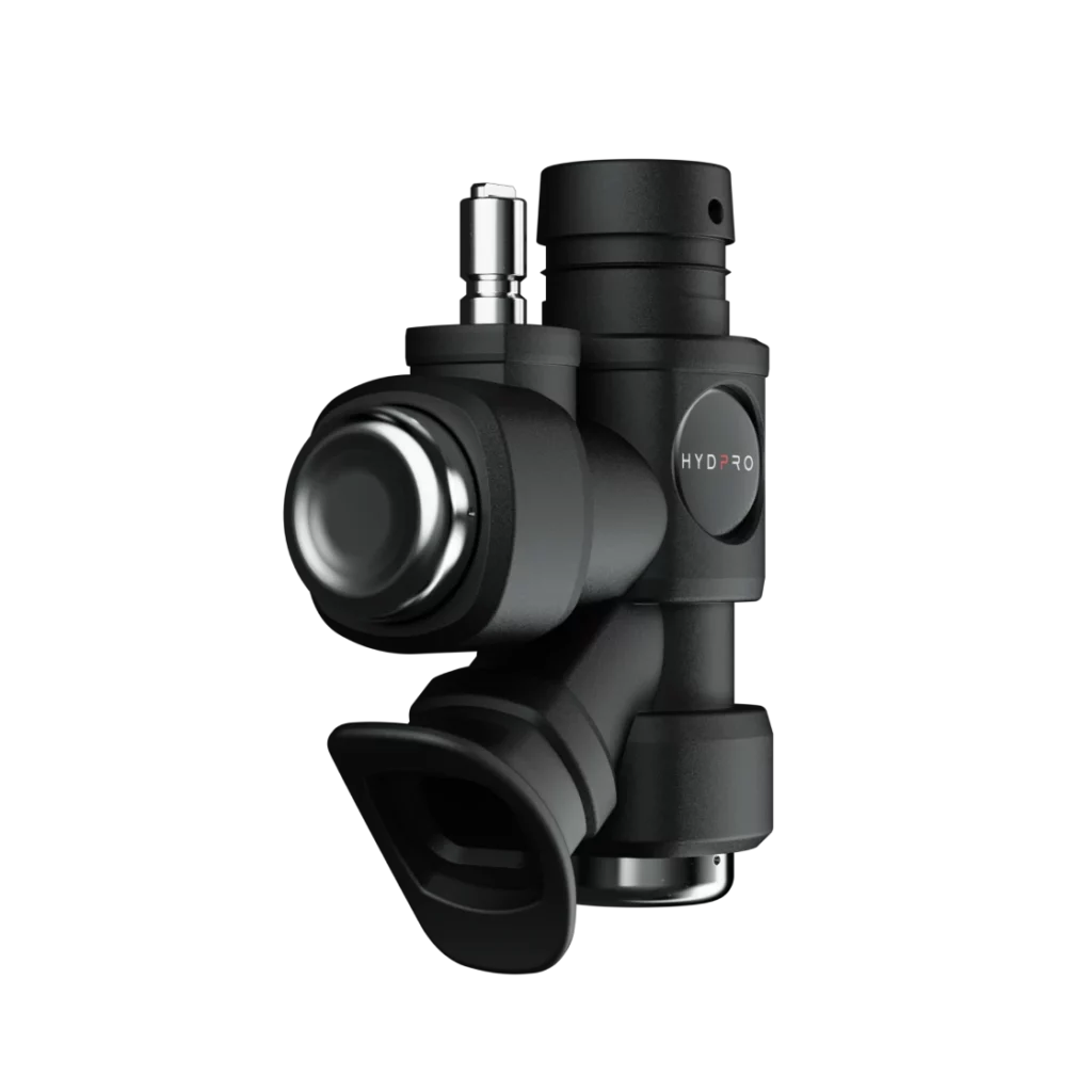 HYDPRO Power Q01 Code Metal inflator angled view with chrome exhaust button and mouthpiece