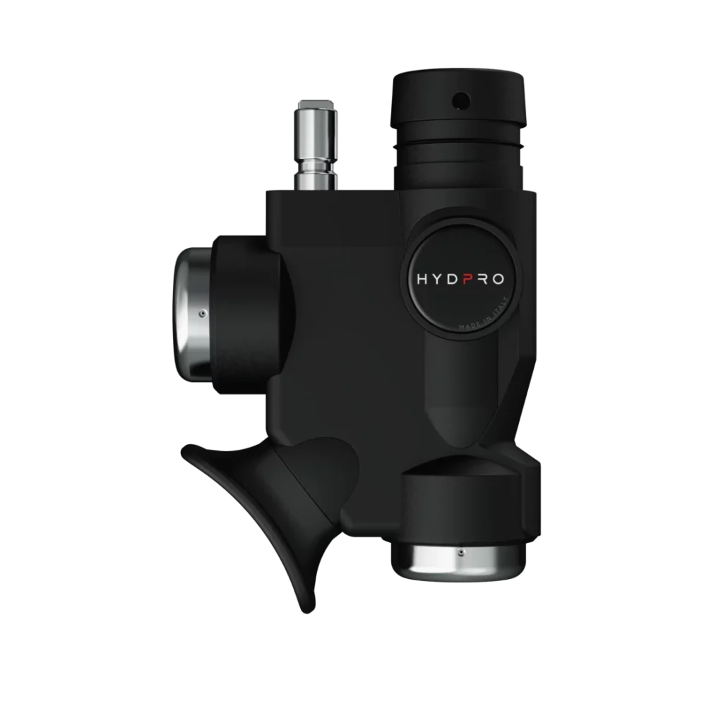 HYDPRO Power Q01 Stout Metal inflator side view with chrome buttons and LP quick-disconnect fitting