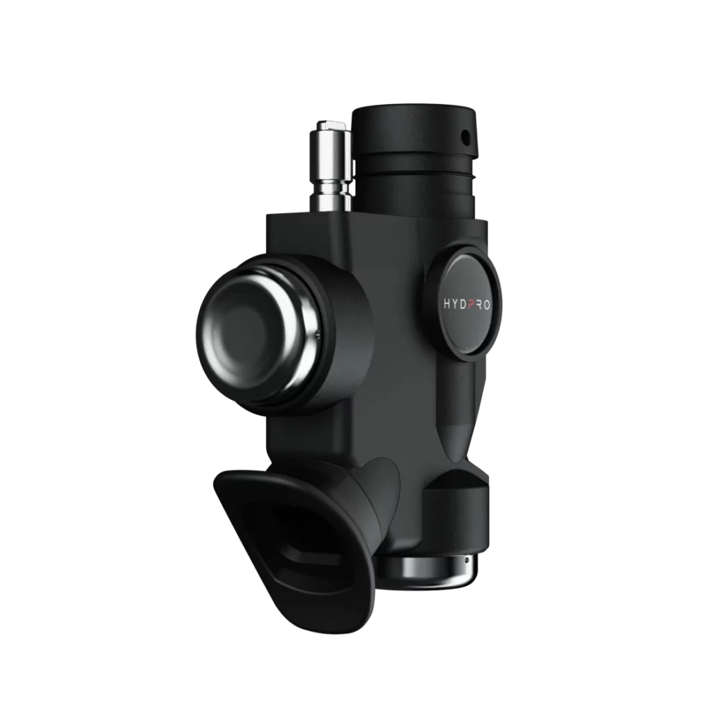 HYDPRO Power Q01 Stout Metal inflator angled view with chrome exhaust button and mouthpiece