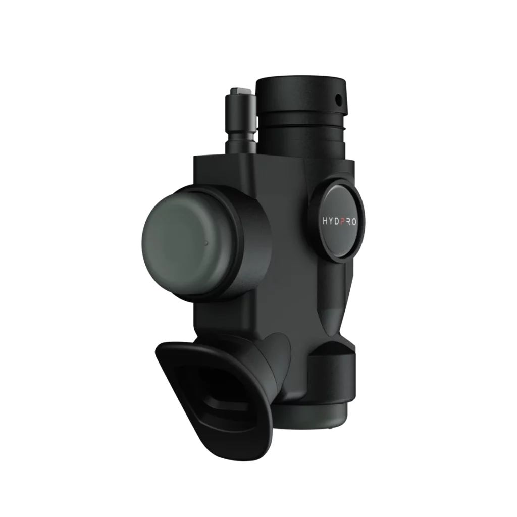 HYDPRO Power Q01 Stout Military inflator angled view with olive-green exhaust button and mouthpiece