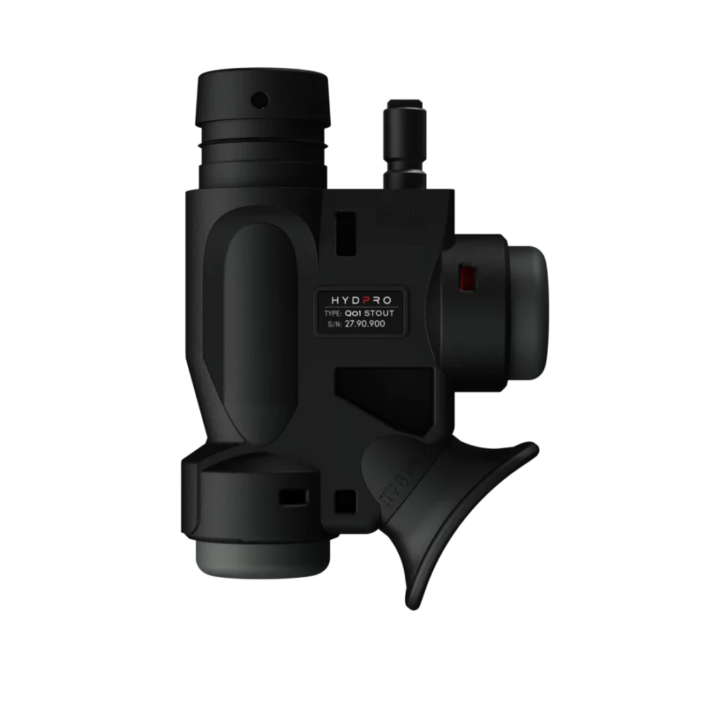 HYDPRO Power Q01 Stout Military inflator side view with type label and olive-green accents