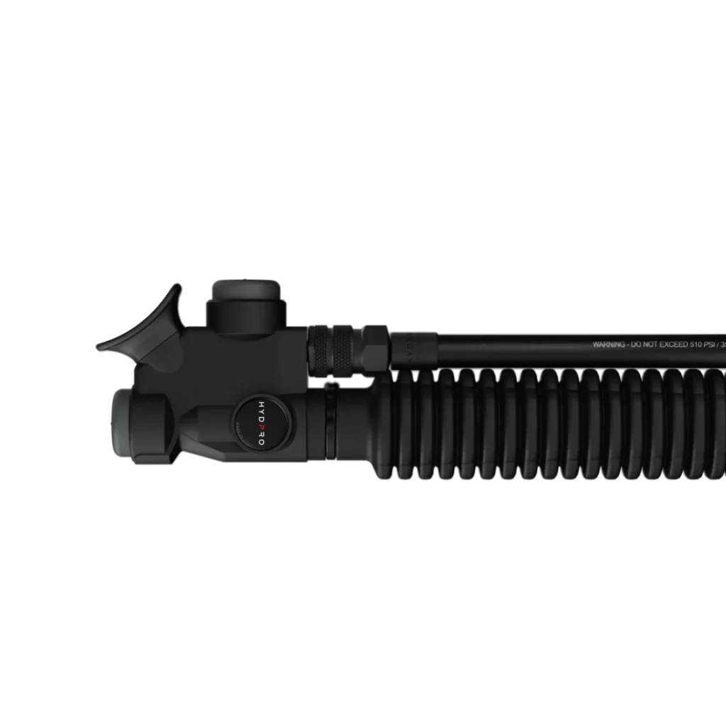 HYDPRO Power Q01 Stout Military inflator connected to the corrugated hose and LP hose, horizontal view