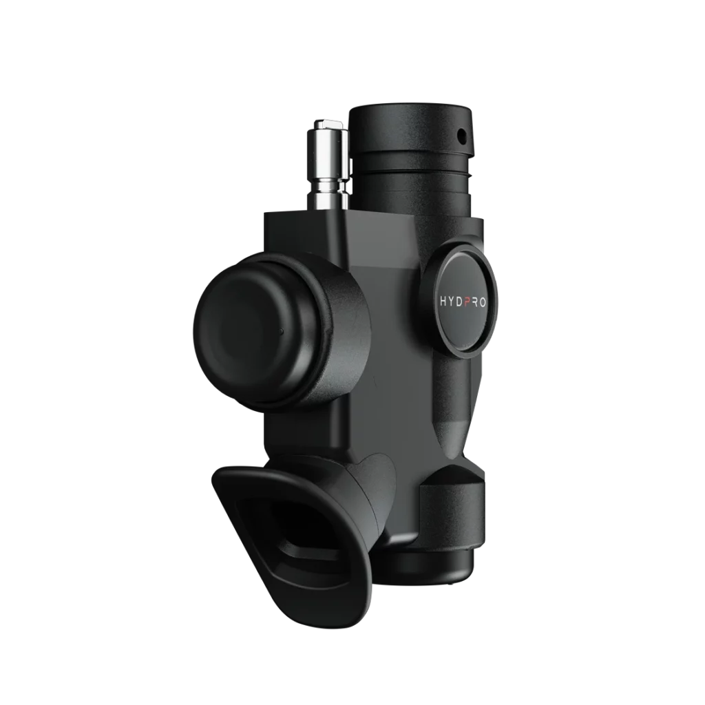 HYDPRO Power Q01 Stout Technopolymer inflator angled view with black polymer exhaust button