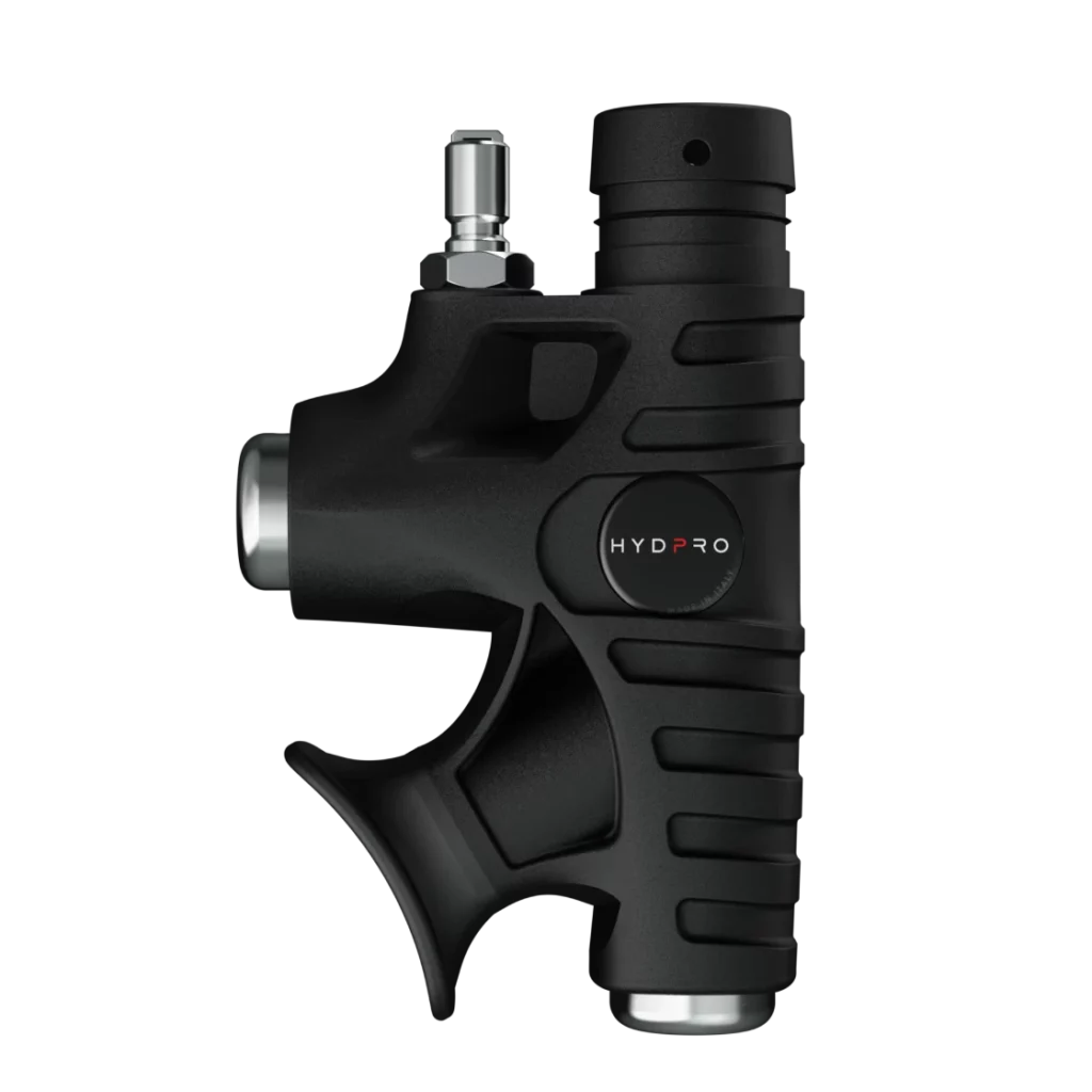HYDPRO Power X01 Metal inflator side view with chrome metal buttons and LP quick-disconnect fitting