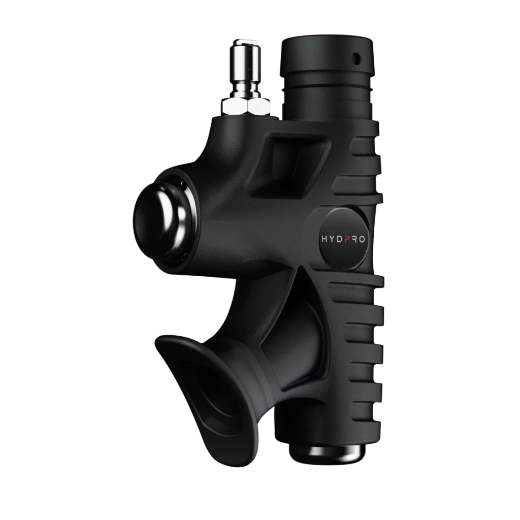 HYDPRO Power X01 Metal inflator side view showing the chrome exhaust button and mouthpiece