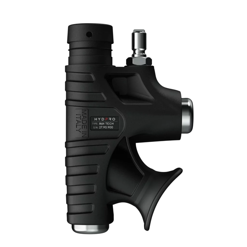HYDPRO Power X01 Tech Metal inflator side view with type label and chrome buttons