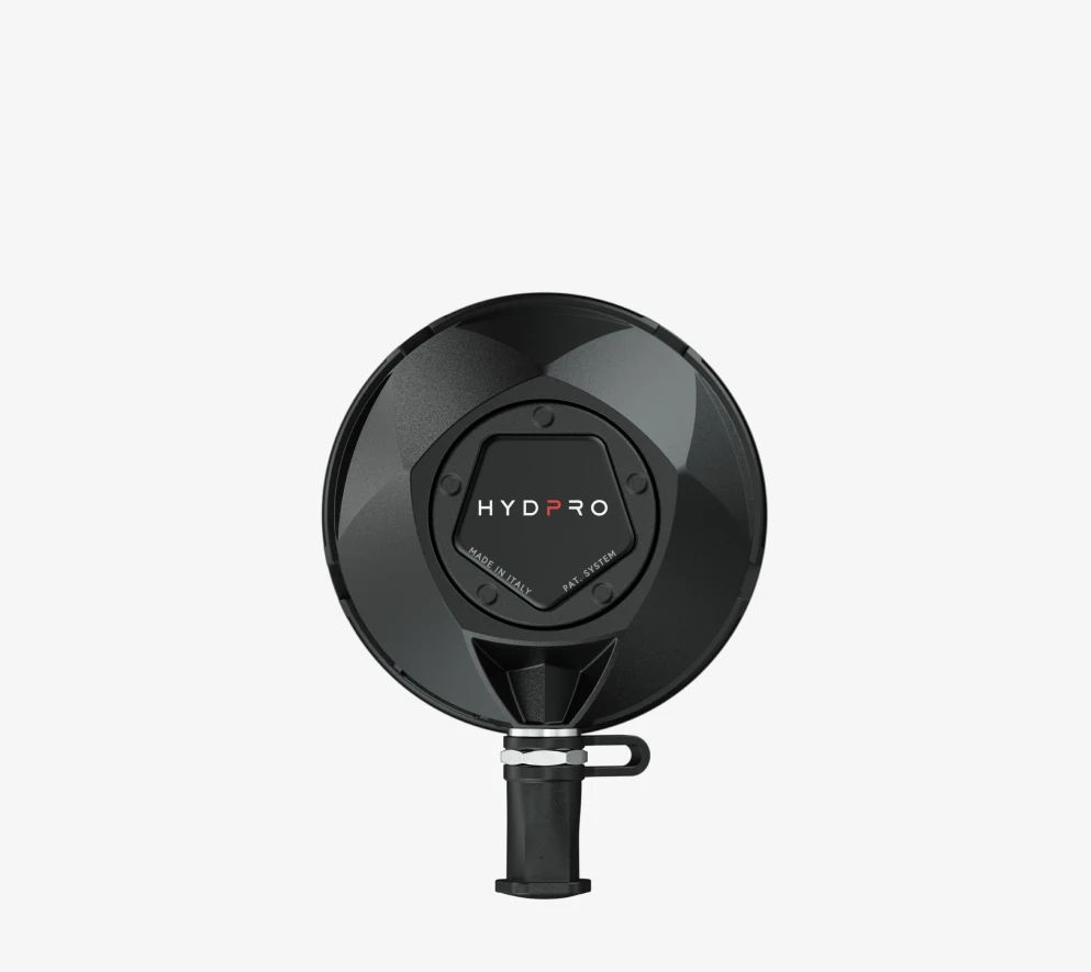HYDPRO drysuit valve front view with faceted black cap and HYDPRO logo plate