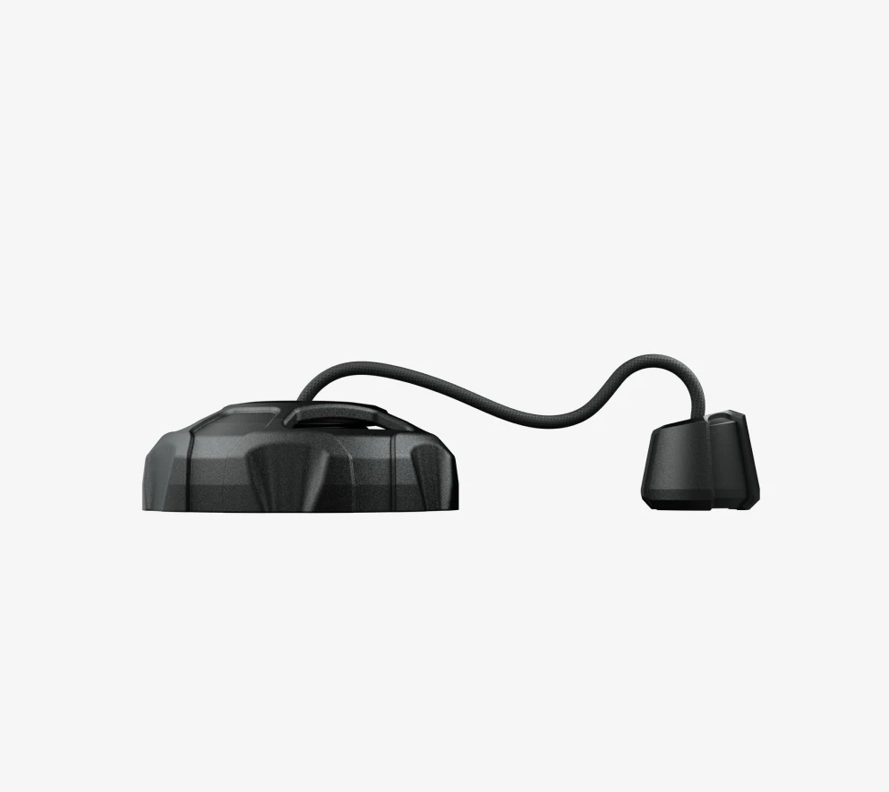 HYDPRO drysuit exhaust valve with pull cord and knob, side view on light background