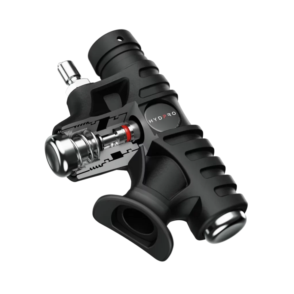 Vertical cutaway of the HYDPRO Power X01 Tech inflator revealing the internal piston spring